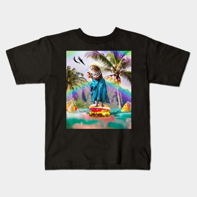 Cute Aloha Cat Surfing Cheeseburger Burger Kids T-Shirt by Random Galaxy